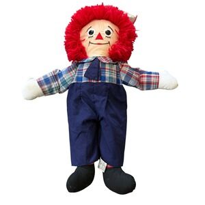 Vintage Raggedy Andy 17 Inch Plush Cloth Doll Red Yarn Hair Plaid Shirt Hat